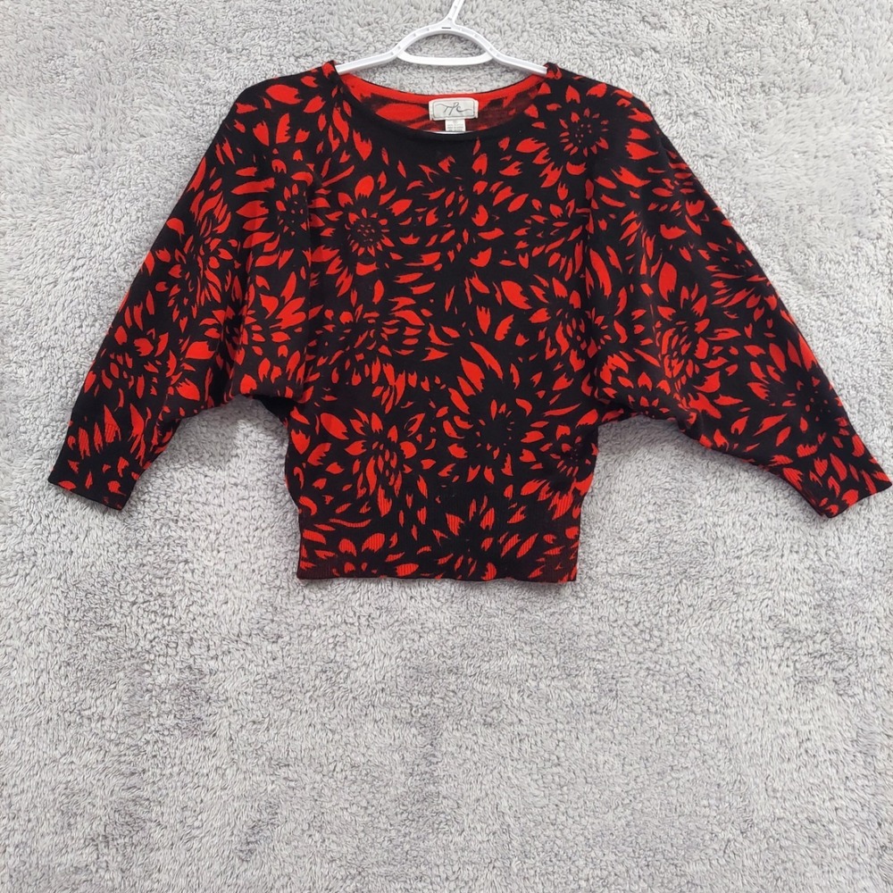 Vintage 80s Style‎ Batwing Sleeve Sweater Women's Small Red Black Floral Knit